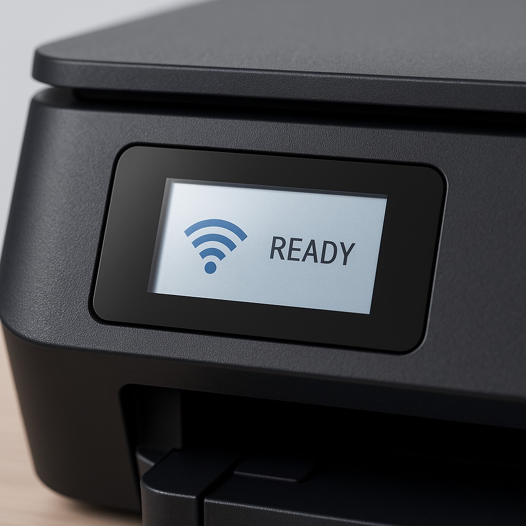 Printer display showing Wi-Fi ready icon